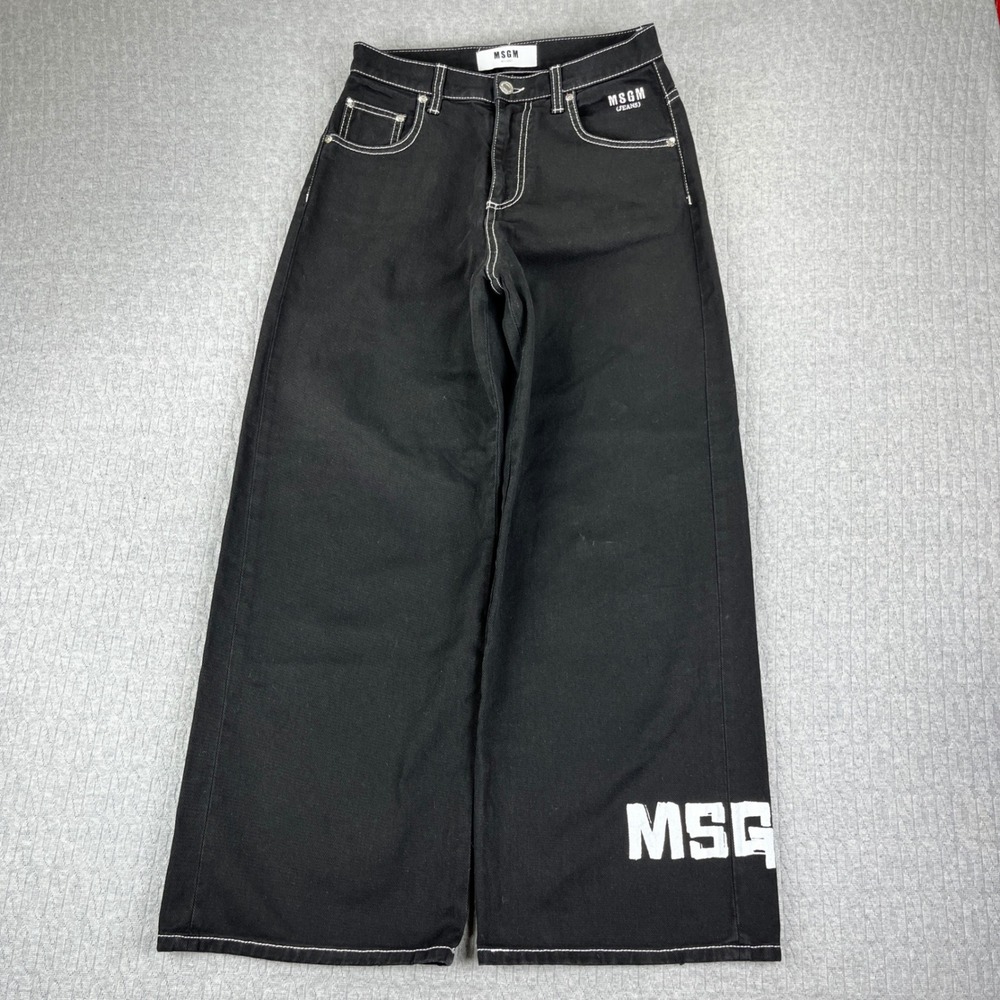 New MSGM Skater Jeans Women 40/27x26‎ Black Wide Leg Baggy Logo Pants Y2K 90s